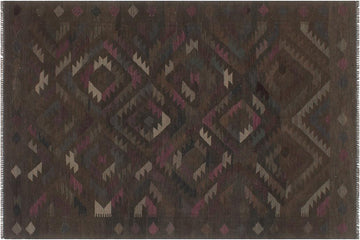 Flat Weave Kilim, Antique, Navaho, Vintage, Handmade, Geometric Kilim Brown Blue Hand-Woven Rectangle 100% Wool Area Rug 6 x 8
